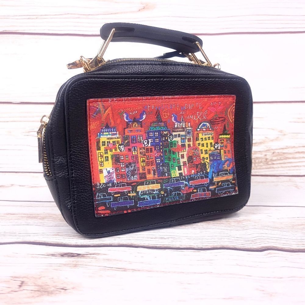 Derimod Small Black Red Faux Leather Crossbody Bag Cityscape Box Purse